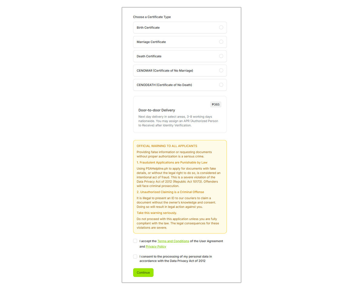 An online form for choosing a PSA certificate type, showing a door-to-door delivery option and terms agreement.
